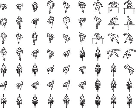 Illustrative overhead view of athletes engaged in cycling, running, and diverse exercises, perfect for graphic resource design or educational purposes. 