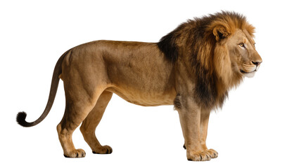Majestic male lion with full mane standing profile, isolated on transparent background © Adrian