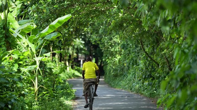 Bogura, Bangladesh - 28 July 2024: View of a man in a yellow shirt riding a bicycle along a narrow road surrounded by lush green foliage and banana trees.