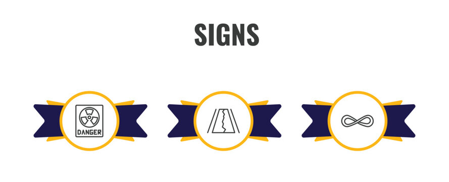 signs outline icon set. thin line radioactive warning, road collapse, infinity icons. editable vector