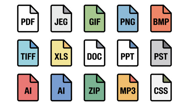 collection of file format icons with labels vector illustration on a white background