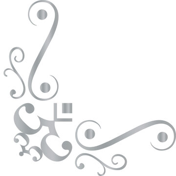 Corner flourish displaying an elegant silver scrollwork pattern with intricate decorative swirls and dots crafted for sophisticated paper stationery and frame border enhancement in professional.