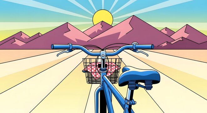 A serene bicycle adventure on an open road, heading towards majestic mountains and a vibrant sunrise, symbolizing freedom and the joy of nature's embrace