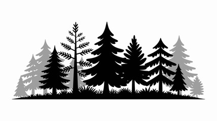 black and white silhouette of coniferous trees and grass on a white background © MdRafiqul