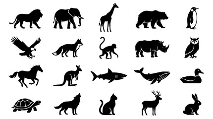 Obraz premium Animal silhouettes vector icons set with various wildlife species, black shapes for education, decor, and design projects