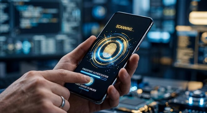 Biometric fingerprint authentication on smartphone for secure digital access and online banking.
