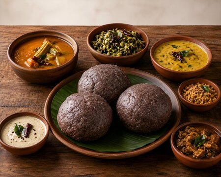 Authentic South Indian ragi mudde meal with traditional Karnataka side dishes served in rustic clay bowls on wooden table, finger millet balls with sambar dal chutney and curry