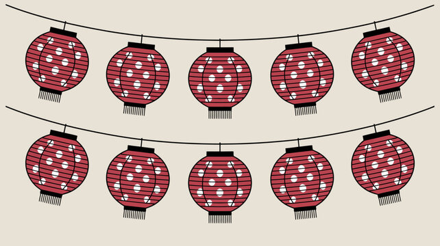 decorative paper lanterns hanging on strings red and white polka dot design illustration