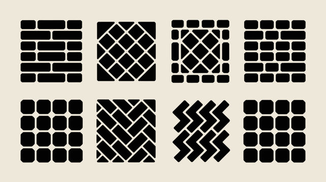 Geometric brickwork patterns collection black and white repeating designs on a neutral background