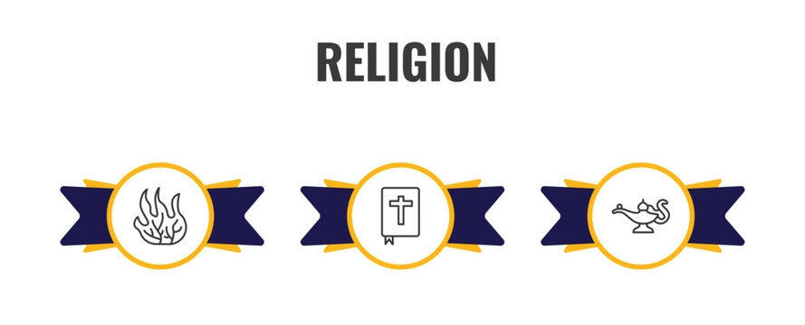 religion outline icon set. thin line burning bush, gospel, genie lamp icons. editable vector