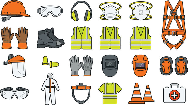 Industrial Personal Protective Equipment Vector Icon Grid Set with Hard Hat, Safety Vest, Harness, Respirator, Boots, and First Aid Kit Symbols