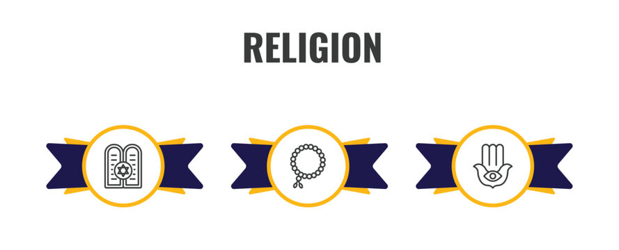 religion outline icon set. thin line halakha, prayer beads, hamsa hand icons. editable vector