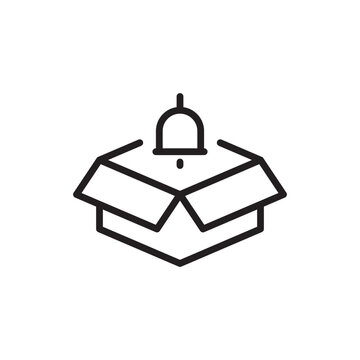 Subscription box vector icon featuring an open shipping package with a notification bell symbol. Representing recurring delivery services, membership boxes, and automated e-commerce orders.