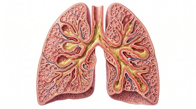 Bronchiectasis Medical Illustration of Inflamed Dilated Bronchi Isolated on White