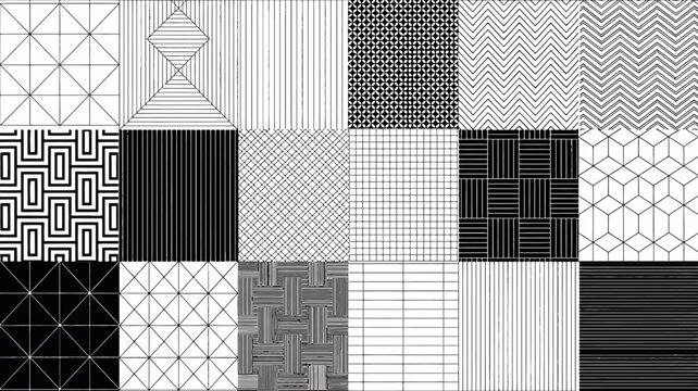 geometric pattern collection monochrome line art with varied shapes and textures