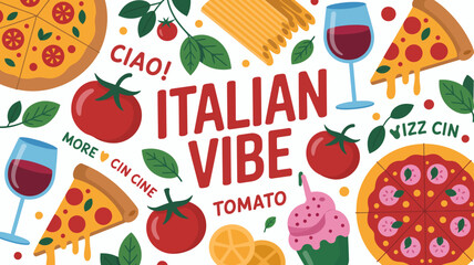 italian food illustration with tomatoes pizza pasta and wine on a white background © MdRafiqul