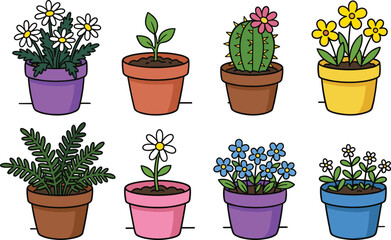 Fototapeta premium Small Colorful Potted Flower and Green Plant Vector Set Featuring Daisies, Cactus, Tulips, Forget-Me-Nots, and Foliage Plants for Digital Illustrations, Stickers, and Editable Graphics