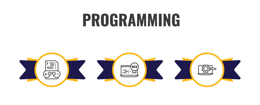 programming outline icon set. thin line game development, seo reputation, seo tools icons. editable vector