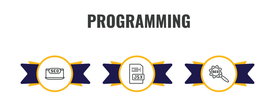 programming outline icon set. thin line seo monitoring, jsx, seo configuration icons. editable vector