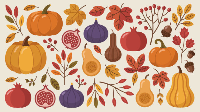 autumn harvest illustration with pumpkins pomegranates figs pears and foliage on a beige background