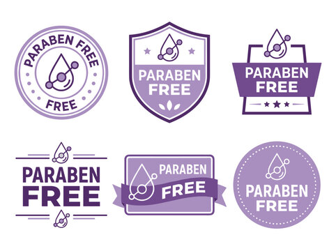 Paraben free product label emblem set with molecule icon on white background, cosmetic badge for health