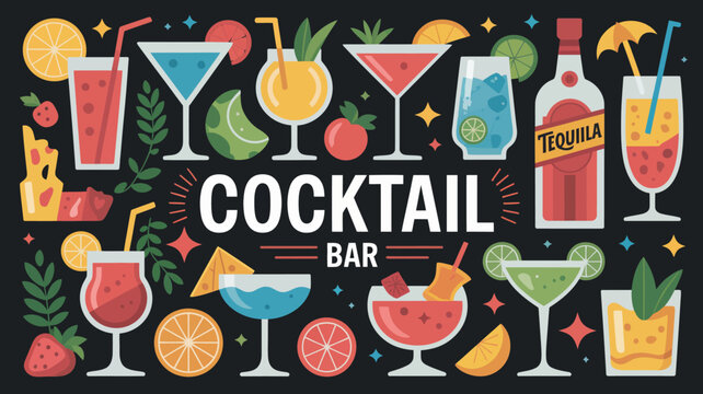 colorful cocktail bar illustration with various drinks fruit and a tequila bottle