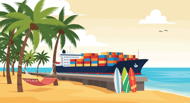 Massive cargo container ship docked at a sunny tropical port with palm trees, hammocks, and colorful surfboards on the sand.