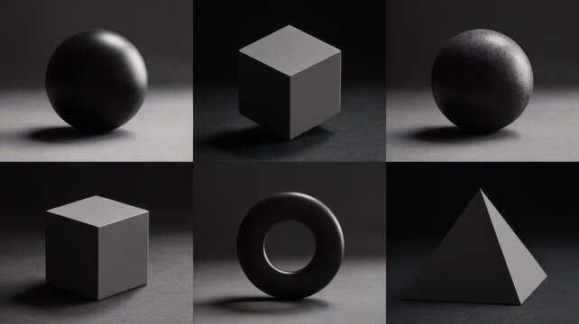 Set of six geometric shapes on a dark background