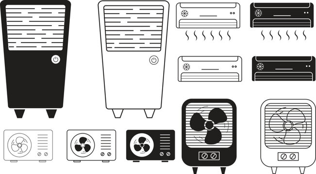 Air conditioning vector set collection with AC unit cooler fan ventilation icons, climate control cooling heating appliance symbol isolated outline silhouette design isolated on transparent background