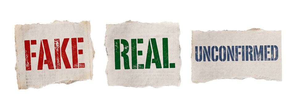 Fake Real and Unconfirmed News Labels on Torn Paper Scraps Isolated on Transparent Background