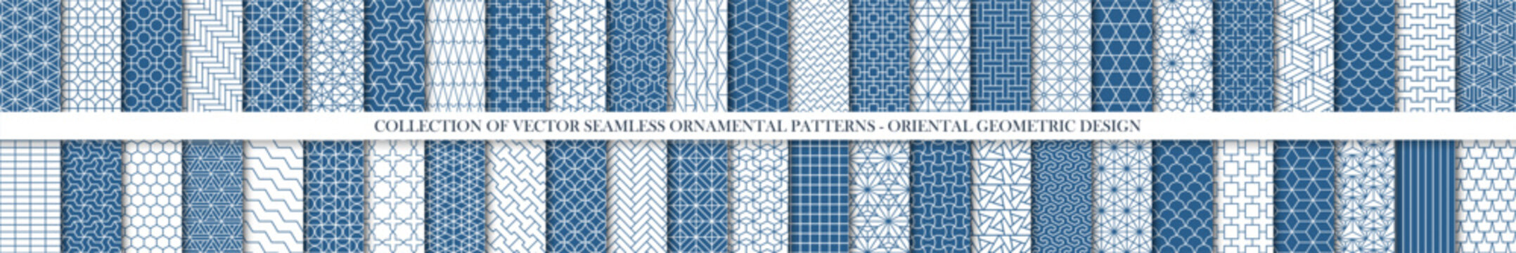 Collection of seamless ornamental tile mosaic geometric patterns. Endless oriental blue and white backgrounds. Vector repeatable grid textures - symmetric prints