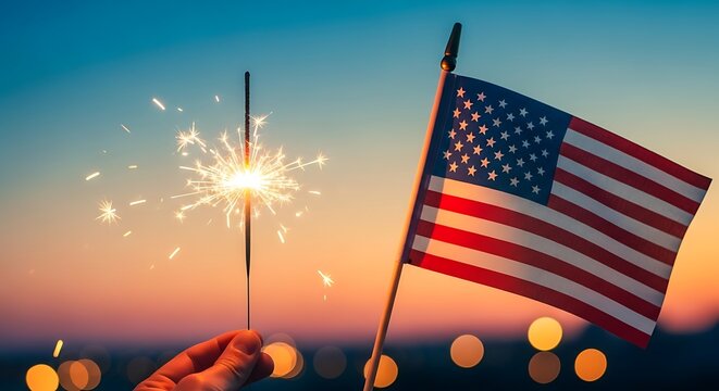 American flag waving with sparkler on 4th of July evening