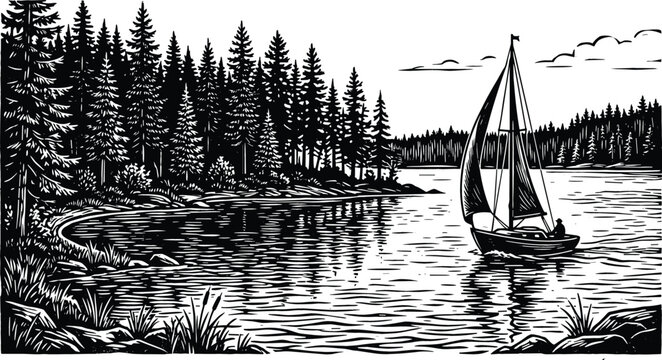 Vintage Woodcut Lake Landscape Vector Featuring Sailing Yacht on Calm Water Surrounded by Dense Pine Tree Forest for Nature Engraving Art Projects