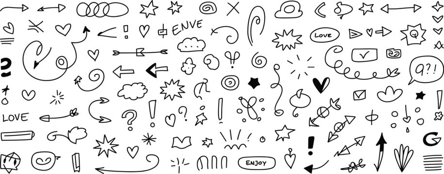 A diverse collection of handdrawn doodle elements including arrows hearts stars and question marks in a seamless pattern