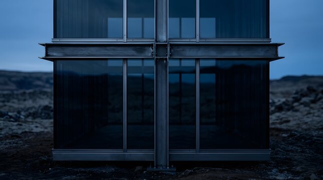 Modern glass facade structure in desolate, dramatic landscape setting