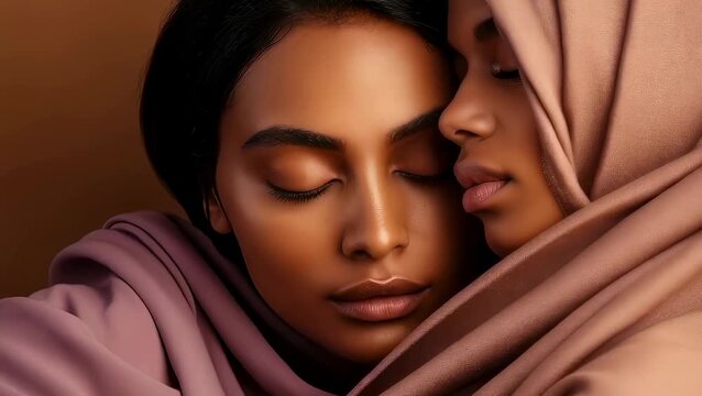 Two women embracing closely while wearing a brown hijab. Close up shot of sisters sharing intimate moment. Peaceful concept of love, friendship and human unity.