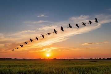 Fototapeta premium Flock of birds fly in V formation over green rice field. Sun sets with orange and blue sky. Nature scene shows animal migration at dusk. Peaceful landscape.