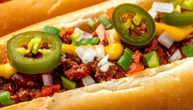 Chili dog with diced onions and jalapenos in macro detail