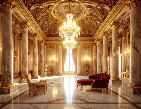 Luxurious grand palace ballroom interior with ornate gold architecture and marble floors.