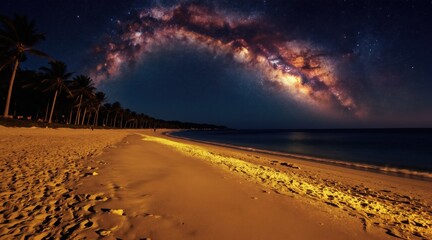 Fototapeta premium Deserted beach under starry night sky with milky way arching over palm trees and ocean. Golden sand glows with footprints. Peaceful tropical landscape.
