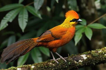 Fototapeta premium Male Guianan cock-of-the-rock bird perches on mossy branch in dense rainforest foliage. Bright orange, yellow plumage contrasts with dark forest background. Bird shows elaborate tail feathers, crest.