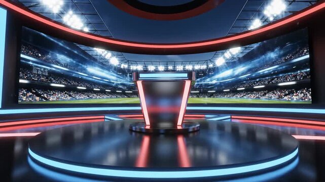 Virtual sports television studio with stadium background