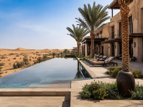 Desert Oasis Resort: An exquisite infinity pool reflects the vast desert landscape surrounding a luxurious resort, offering a serene escape under a clear blue sky.