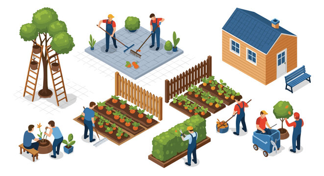 Busy isometric farm scene featuring workers tending to vegetable beds, pruning trees, and maintaining a garden shed.