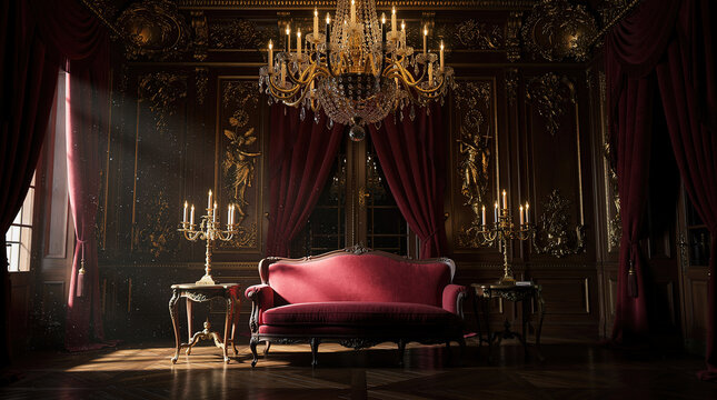 Luxurious Victorian Parlor with Elegant Red Velvet Sofa and Crystal Chandelier.