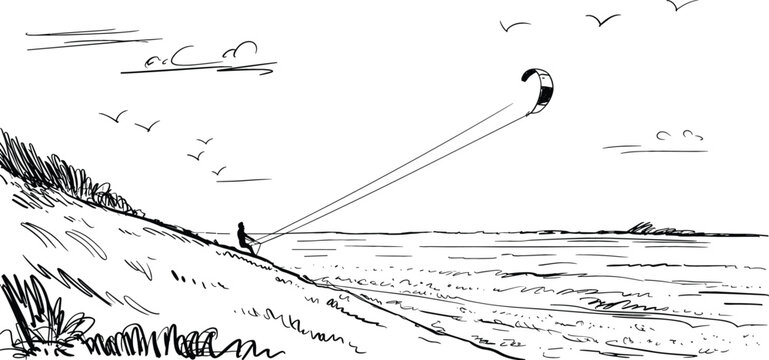 Vintage Coastal Kite Surfing Sketch Vector Featuring Surfer Riding Sea Waves Beach Sand Dunes Flying Birds and Summer Extreme Water Sports Engraving Art