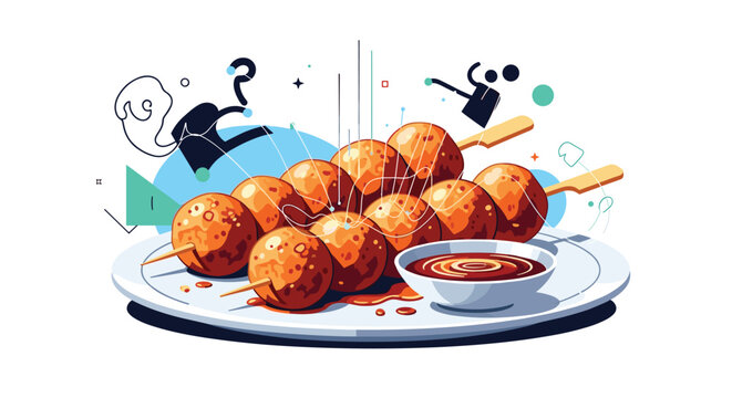 Appetizing plate of meatball skewers served with a side of rich dipping sauce and abstract culinary design elements.