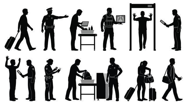set of silhouettes of people at airport security checkpoint with luggage, police officers scanning baggage, checking passports, and metal detector procedures for air travel on white background