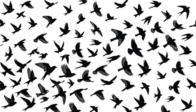Flock of birds in flight soaring across sky many birds flying in unison silhouette art pattern background many small birds soaring high in sky for freedom concept and travel.