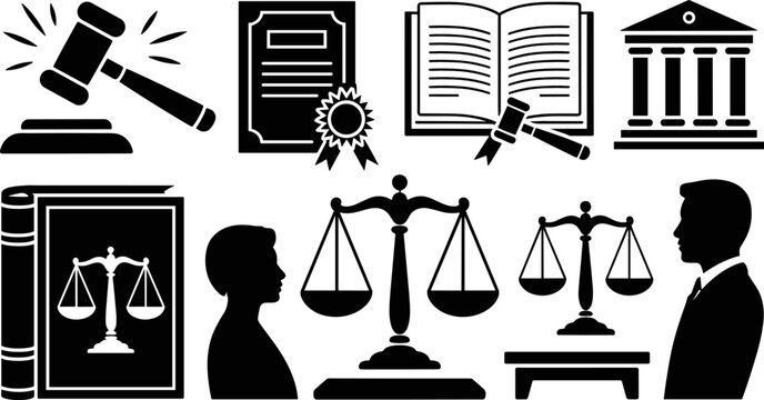 Law and Justice Silhouette Icon Set Featuring Gavel Scales Certificate Court Building Lawyer Profile and Legal Books for Attorney Office Graphic Designs